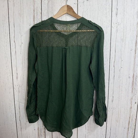 Free People Green Linen Cotton Blend Long Sleeves Army Green Top Lace Bodice - Picture 5 of 11